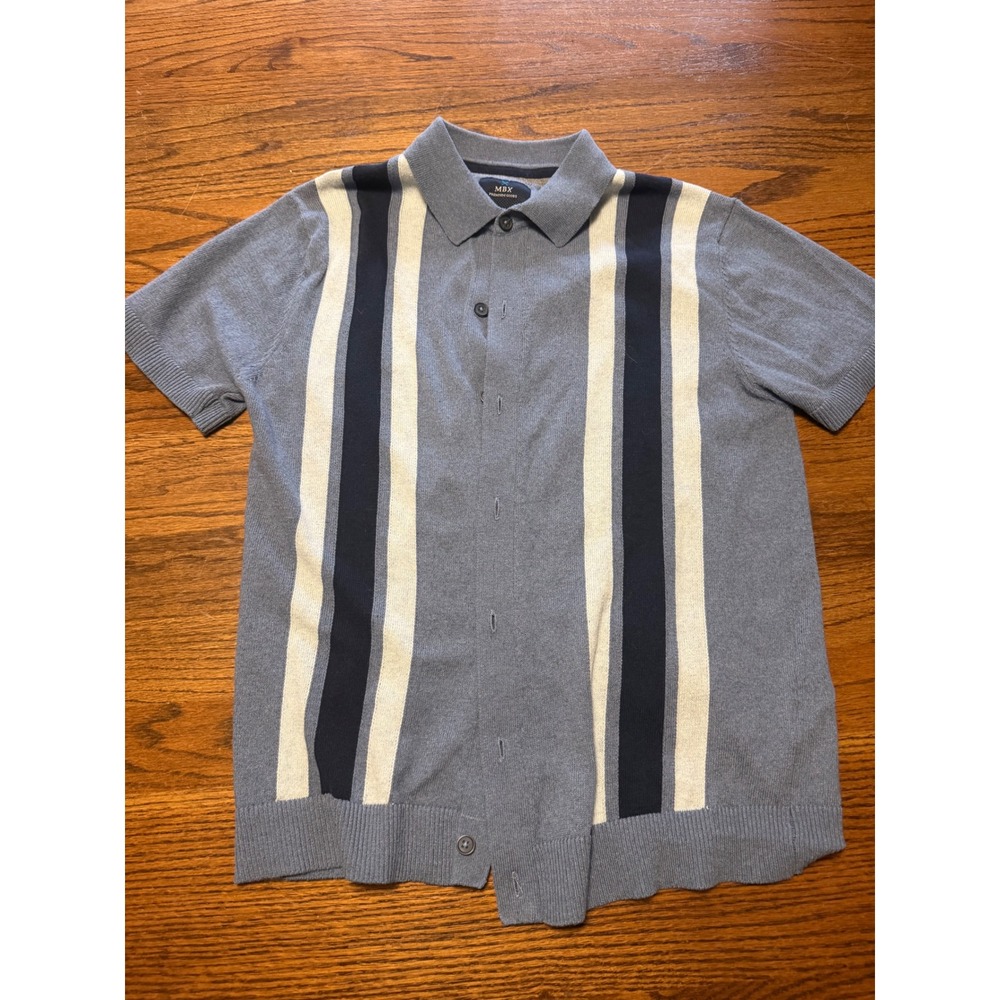 MBX Premium Goods Mens Blue Vertical Stripe Knit Button Up Polo Sweater Shirt M